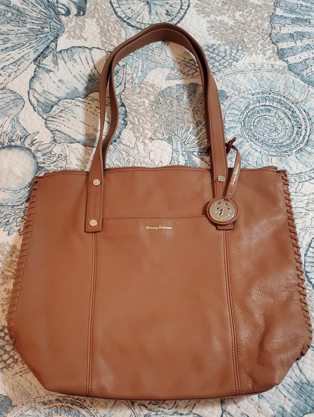 Tommy Bahama Camel Brown Leather Tote with Stitch-Trim